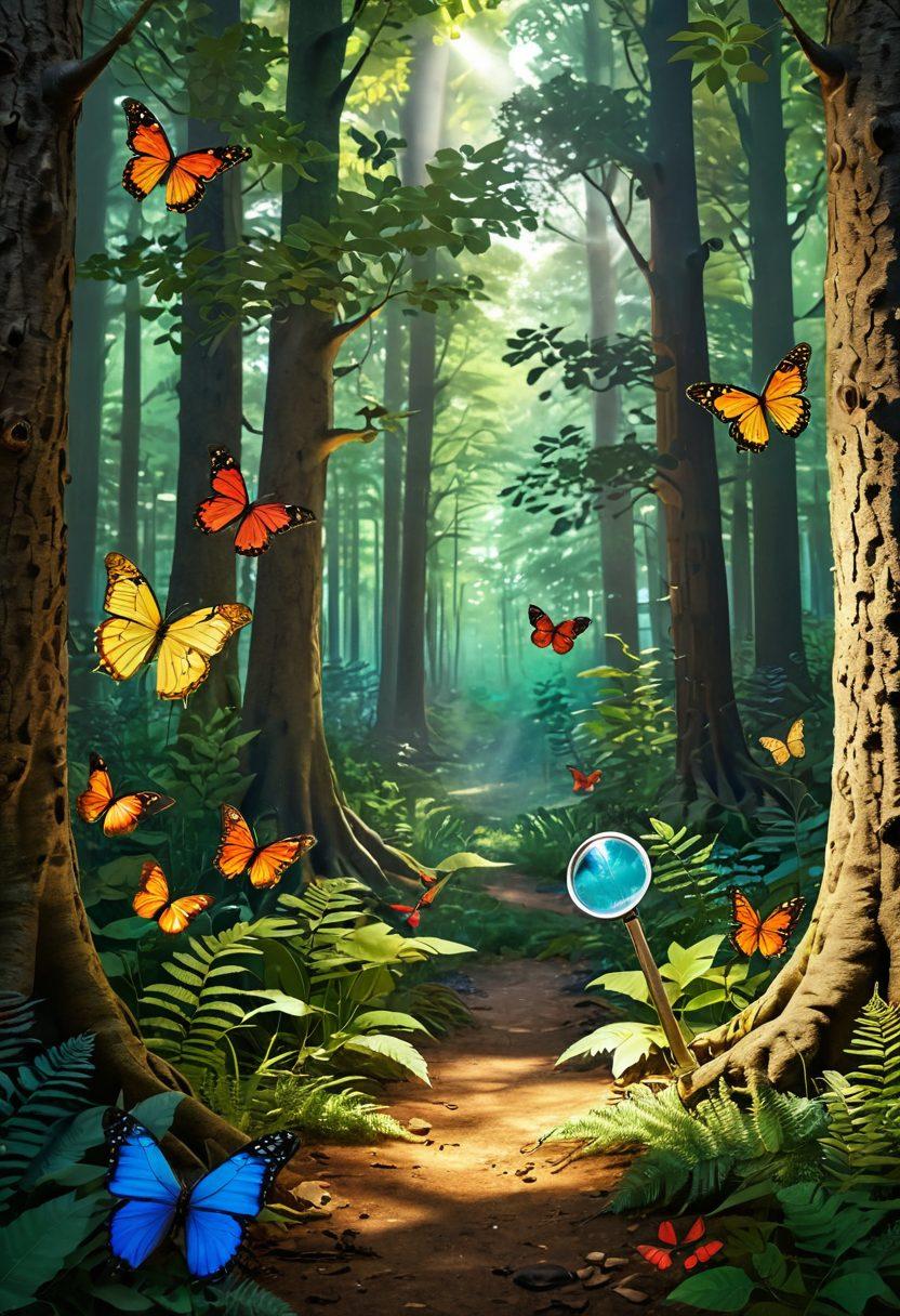 A vibrant forest scene showcasing diverse tree species, each tree uniquely labeled with its scientific name. Sunlight filters through the leaves, casting dappled shadows on the forest floor, which is rich in flora. Include a curious explorer taking notes and observing the trees with a magnifying glass. Incorporate a whimsical touch with butterflies and birds adding life to the background. super-realistic. vibrant colors. 3D.