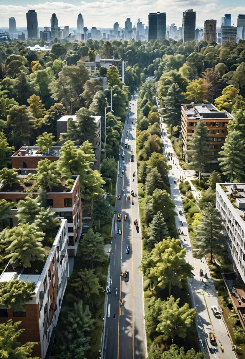 A split landscape showcasing a vibrant urban environment on one side with modern buildings surrounded by diverse urban trees, and a rich indigenous forest on the other side, highlighting sustainable forestry practices. Include people of various backgrounds engaged in tree care and planting, with tools for forestry management. Use bright green foliage and rich earthy tones to symbolize sustainability. super-realistic. vibrant colors. white background.