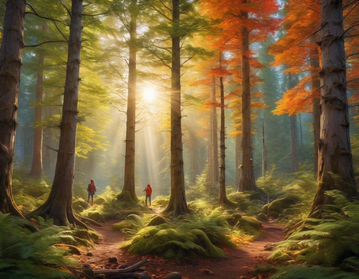 A vibrant forest scene showcasing a diverse range of tree species, with labels indicating their taxonomy and conservation status. Sunlight filters through the leaves, highlighting the rich colors and textures of each tree. Include a small group of people engaging in tree identification and conservation activities. An illustrated background of mountains adds depth to the scene. vibrant colors. super-realistic. nature-inspired.